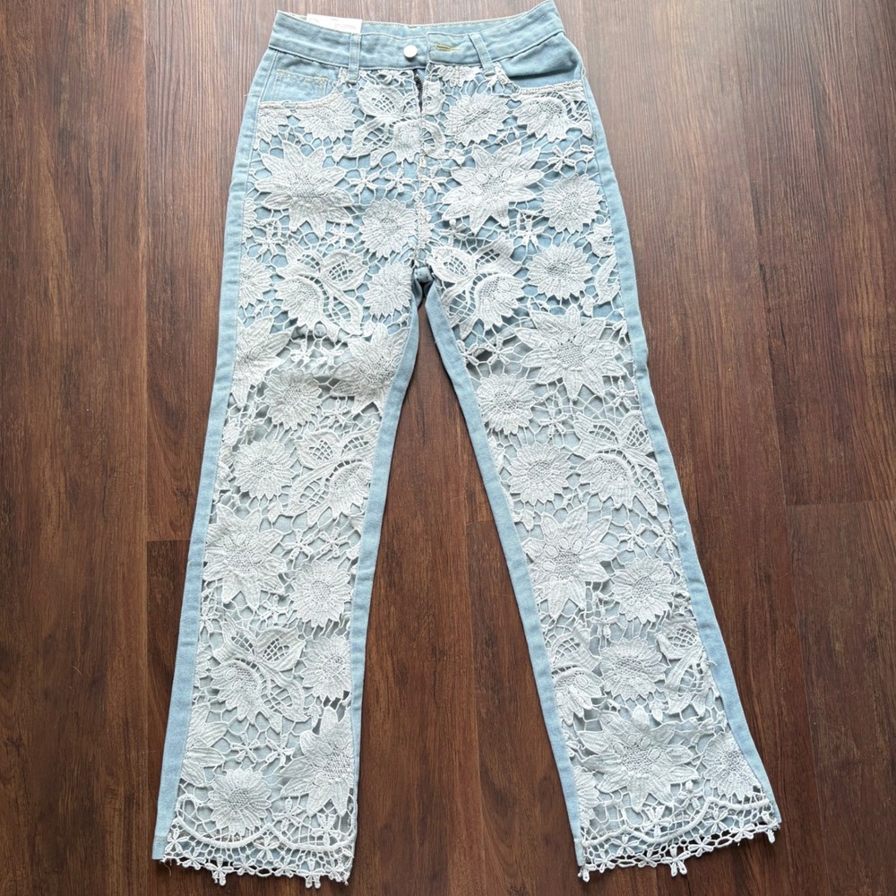 Light Wash Lace Front Denim Jeans Sz L Straight Leg NWT Coquette Y2K